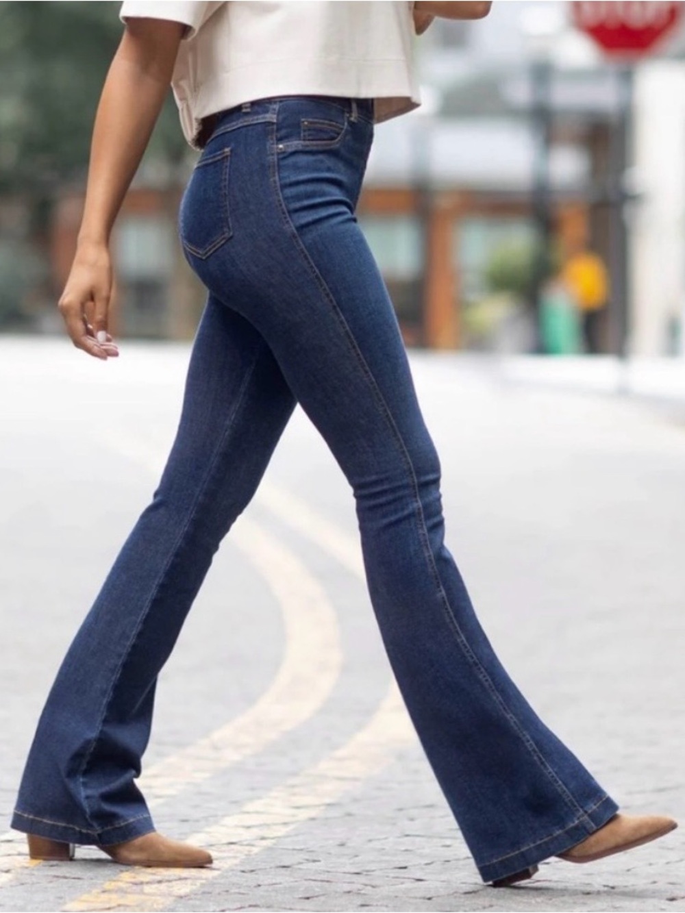 Spank flare jeans dark wash stretchy high rise medium